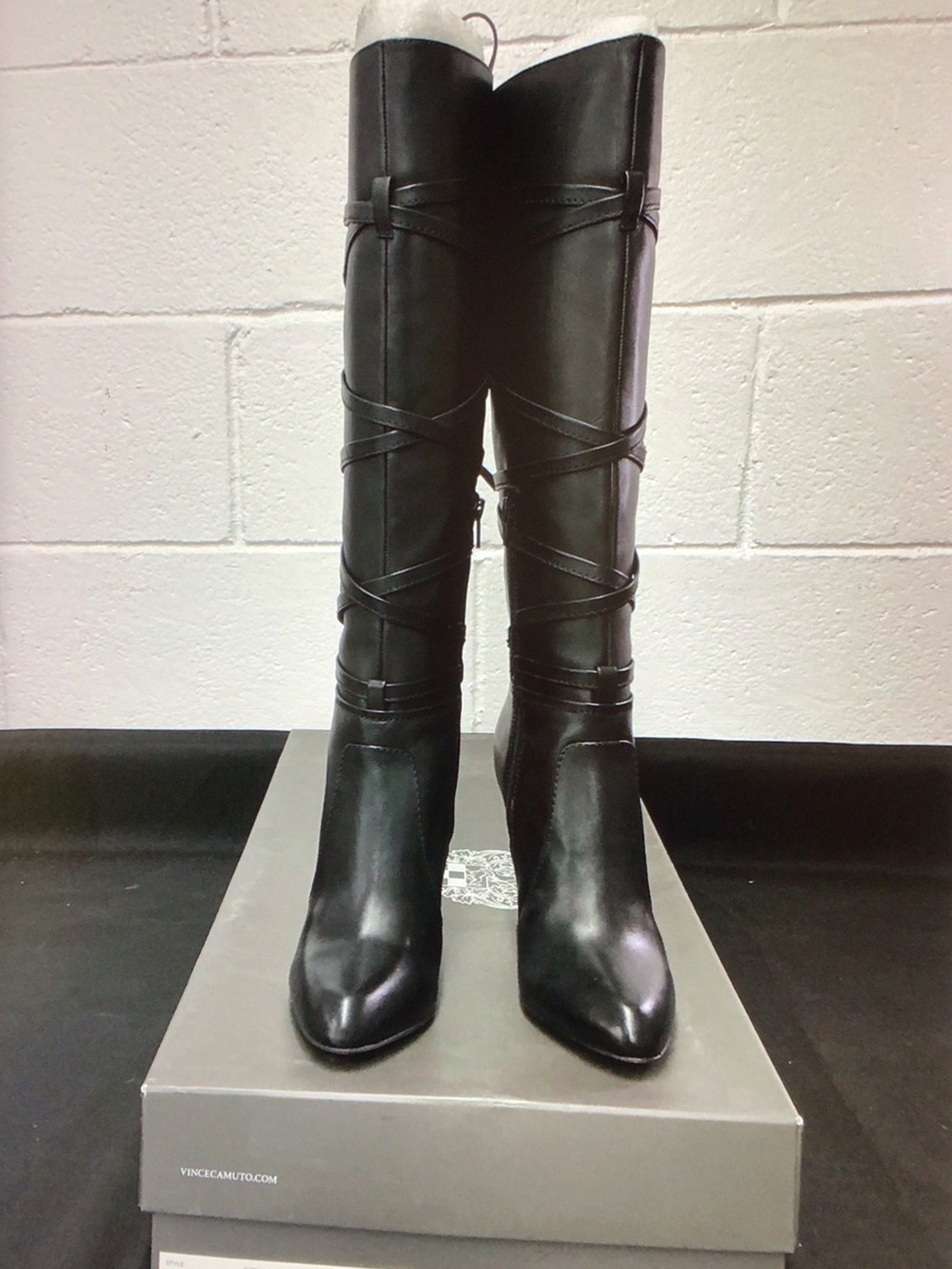 Vince Camuto Black Leather Over-the-Knee Boots with Wrap Strap Detail